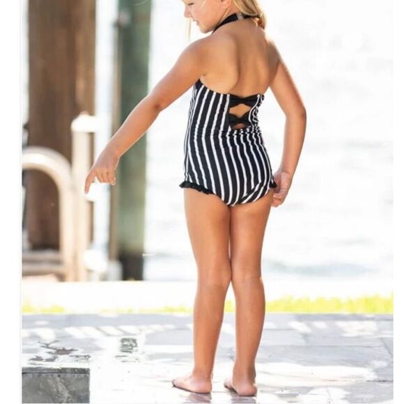 Ruffle Butts Black & White Stripe Halter Baby One Piece Swimsuit Bathing Suit - Picture 2 of 11